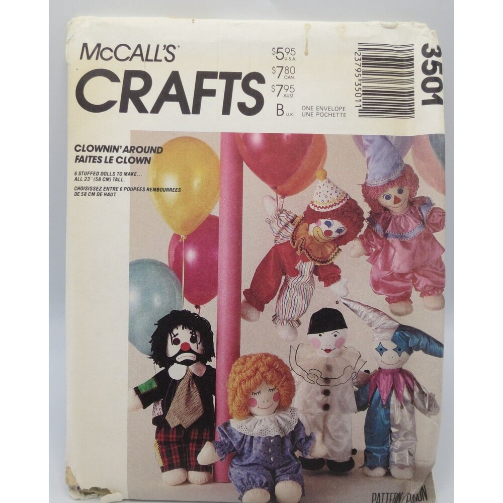 McCall's Crafts 3501 Clown Dolls Clothes 23" Tall Vintage 1988 Stuffed Toys